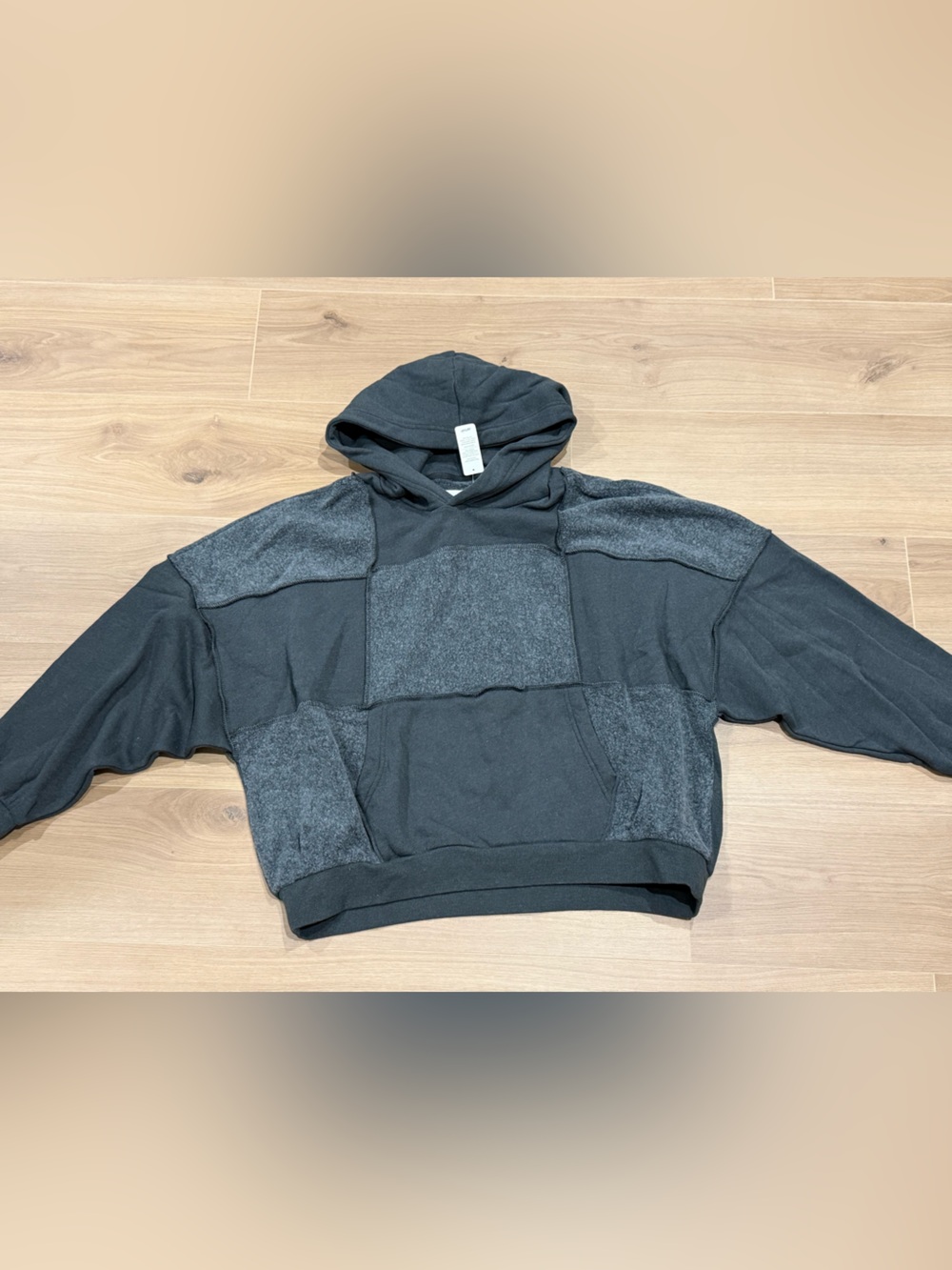 Aerie Patchwork Fleece Pullover Hoodie Black Medium